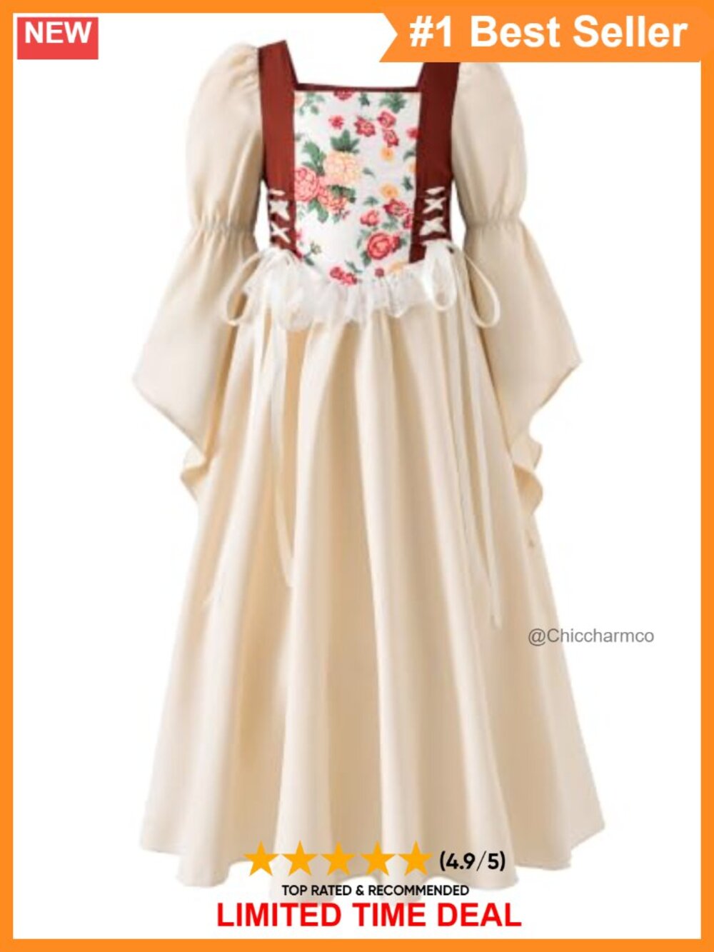 Girls Renaissance Dress Puff Sleeve Floral Corset Midi Cottagecore
